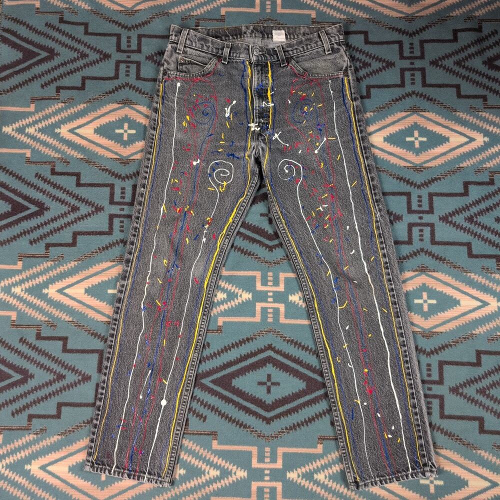 Levi's 550 Jeans Men 34x30 Straight Black Orange Tab Made in USA Vintage Painted